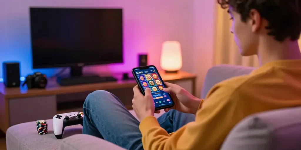 Engaged player enjoying loket88 slot on mobile device in a cozy gaming setup.