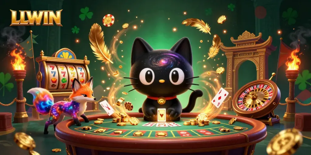Experience the thrill of LLWIN casino with a cosmic scene featuring vibrant characters amidst slot reels and roulette elements.
