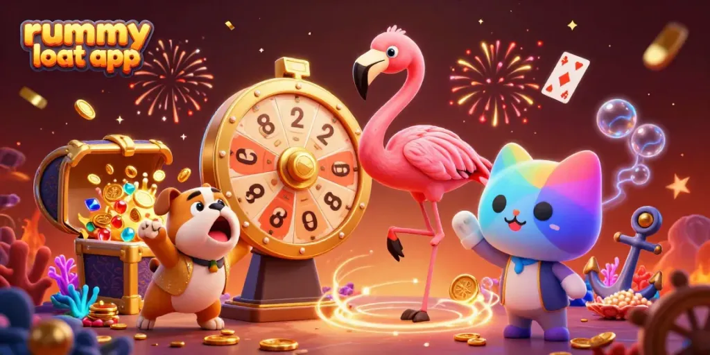 Experience the excitement of the rummy loot app with a vibrant 3D illustration featuring colorful game elements and engaging characters.