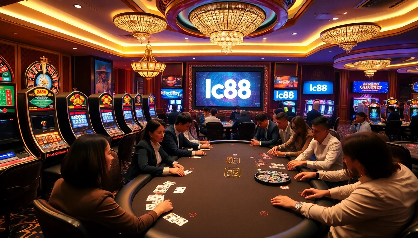 Engage in high-stakes gaming at lc88 casino with luxurious slot machines and vibrant roulette tables.