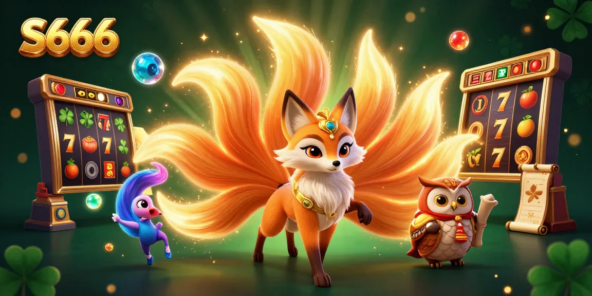 S666 captures the excitement of spinning slot reels with a vibrant nine-tailed fox and wise owl.