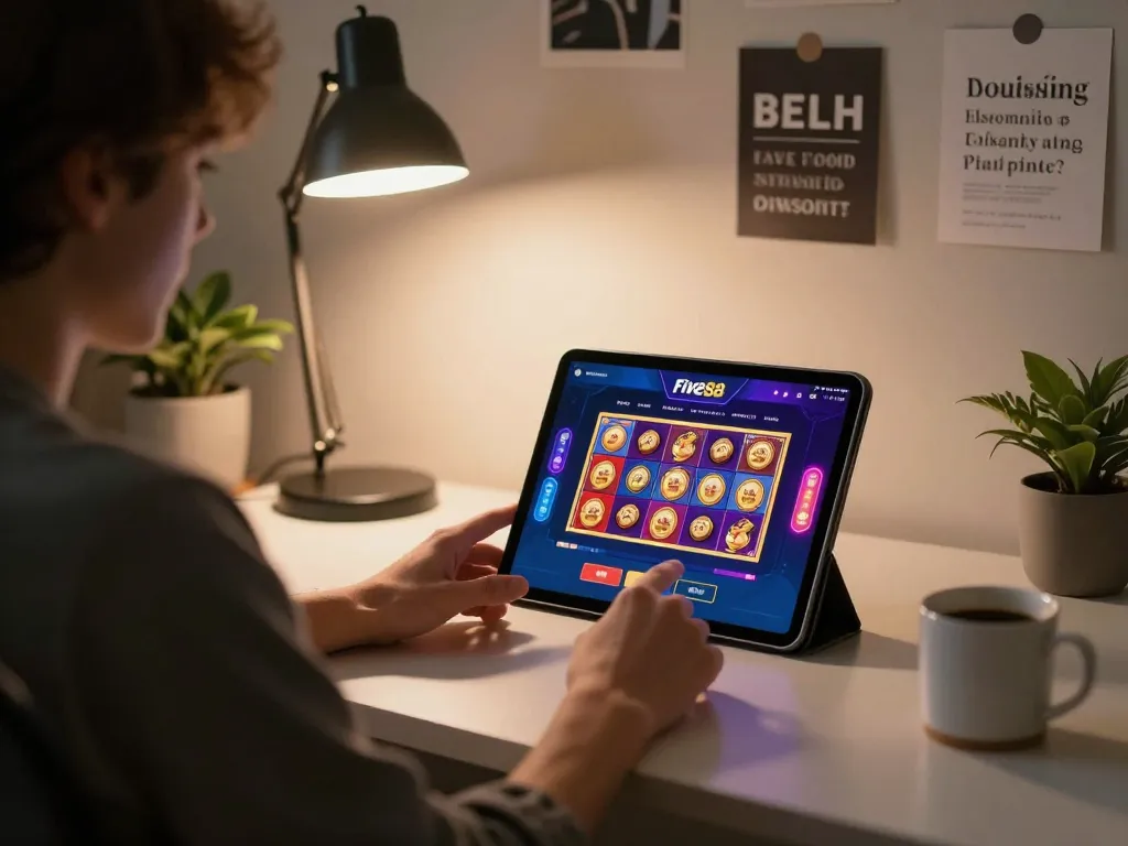Engage with the five88 app showing vibrant slots while enjoying a cozy home office atmosphere