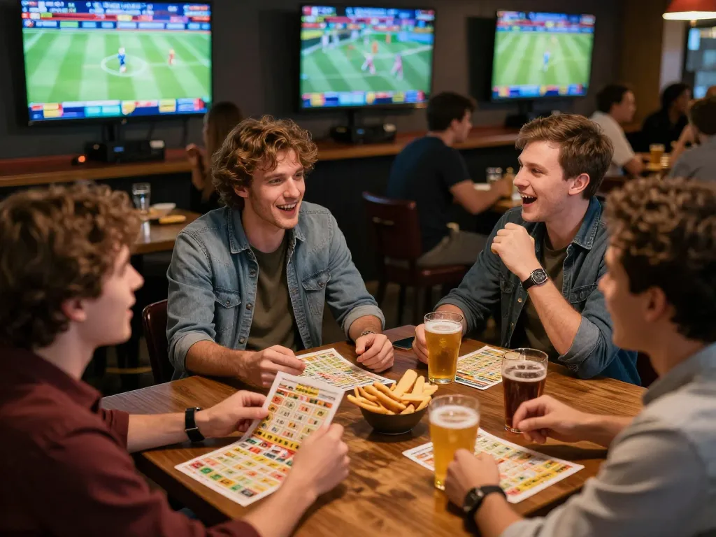 Friends enjoying sports betting while discussing strategies on a cozy sports bar, showcasing trang cá độ bóng đá.