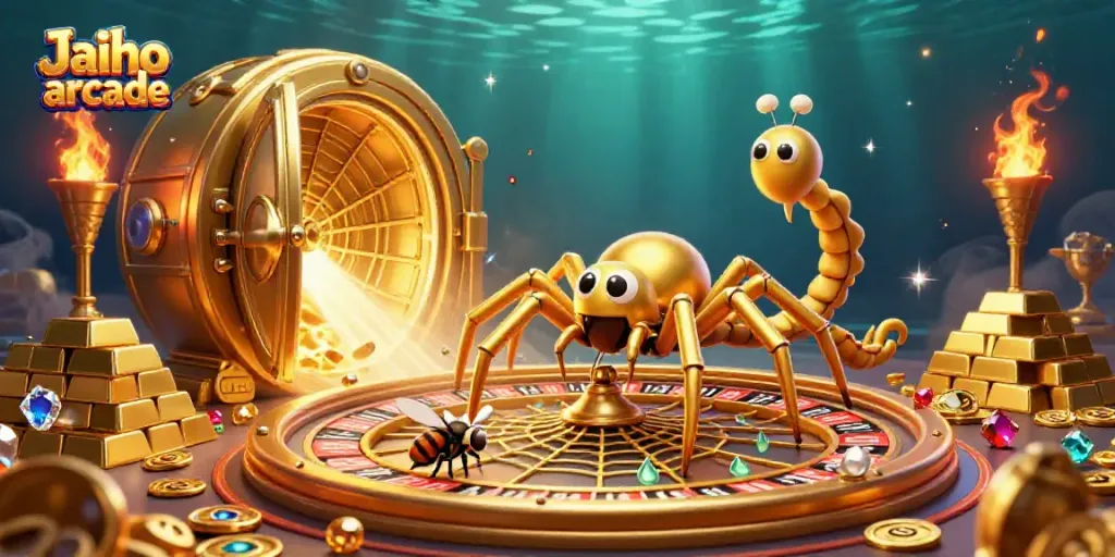 Experience the exciting features of Jaiho arcade with a cartoon golden spider and vibrant gambling elements.