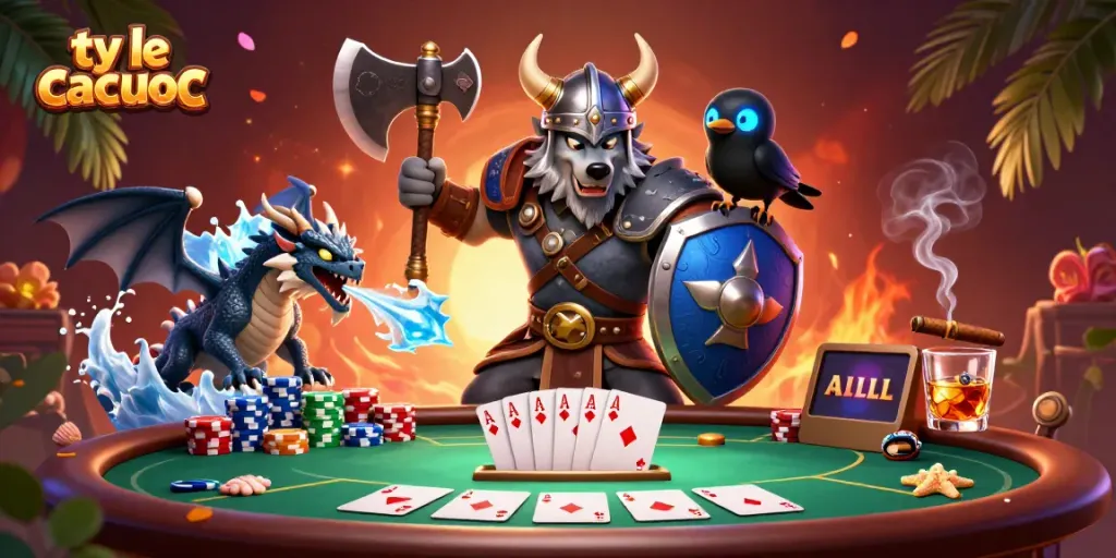 Experience the thrill of ty le ca cuoc with Viking warriors, poker elements, and fantasy creatures in action!