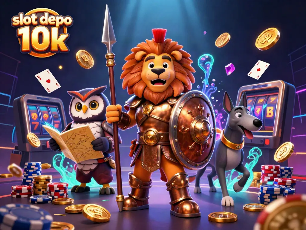 Play slot depo 10k with golden coins and vibrant characters in an exciting casino scene.
