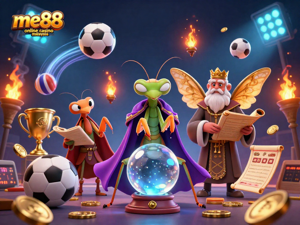 Engage at me88 online casino malaysia with vibrant 3D illustration showcasing fortune telling and sports elements