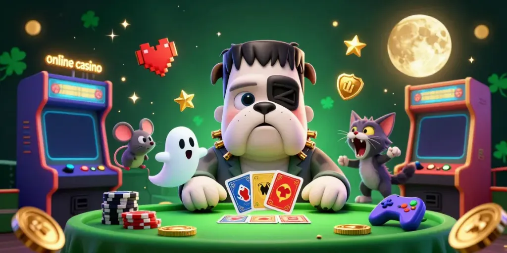 Experience the vibrancy of an online casino with Frankenstein bulldog monster dealing cards.