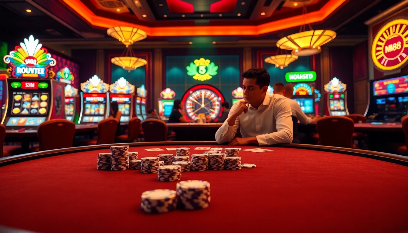 Players enjoying poker at a luxurious MM88 casino table, radiating excitement and strategy.