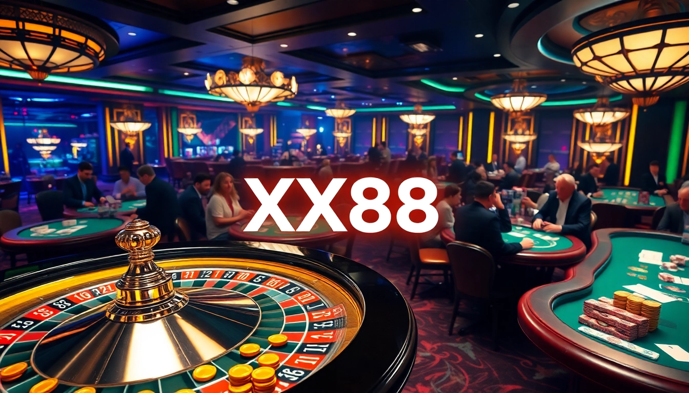 Players experiencing thrilling games at XX88 casino with roulette and poker tables.