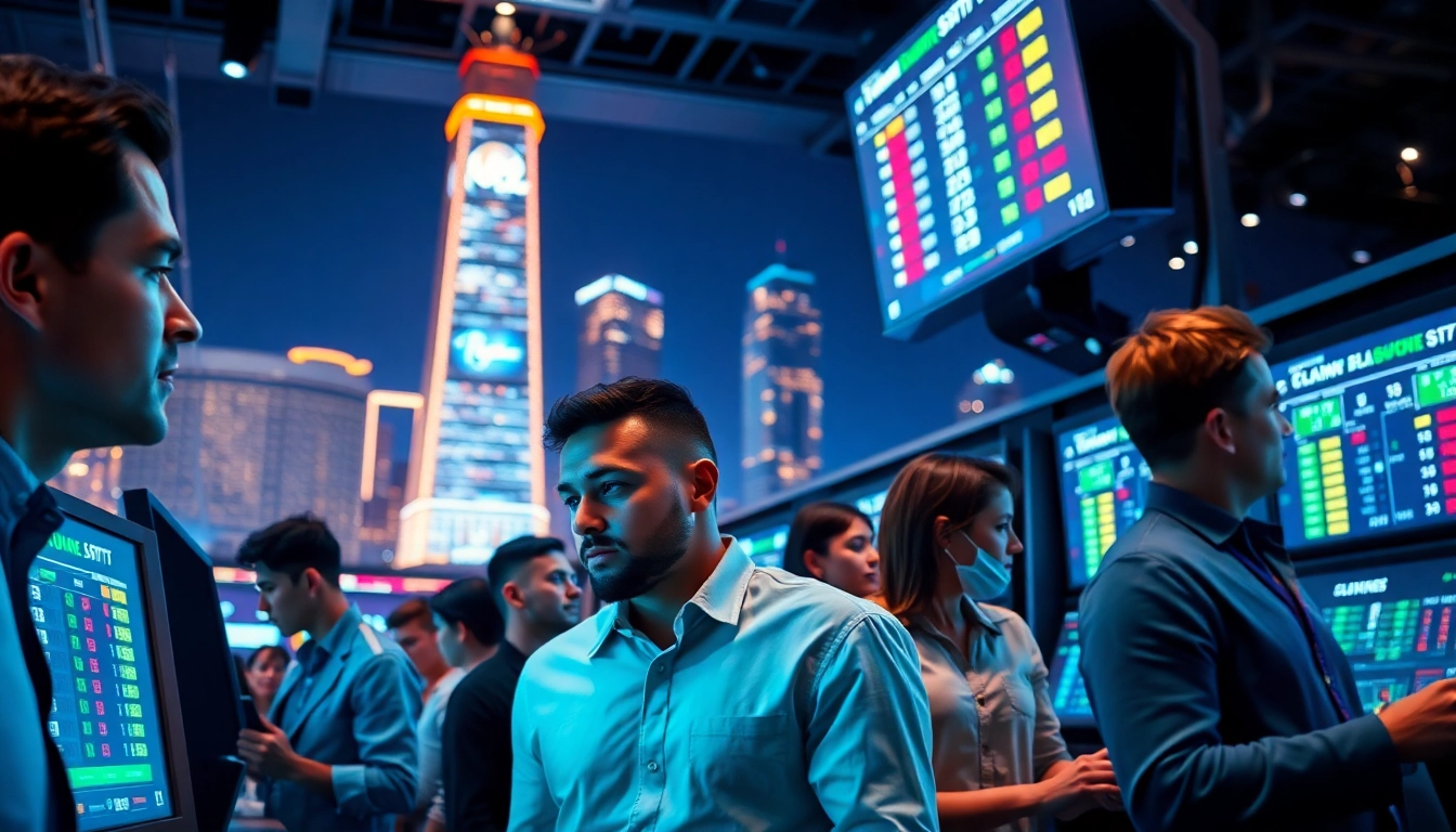 Engaged bettors at a modern sportsbook environment showcasing online Betting excitement.