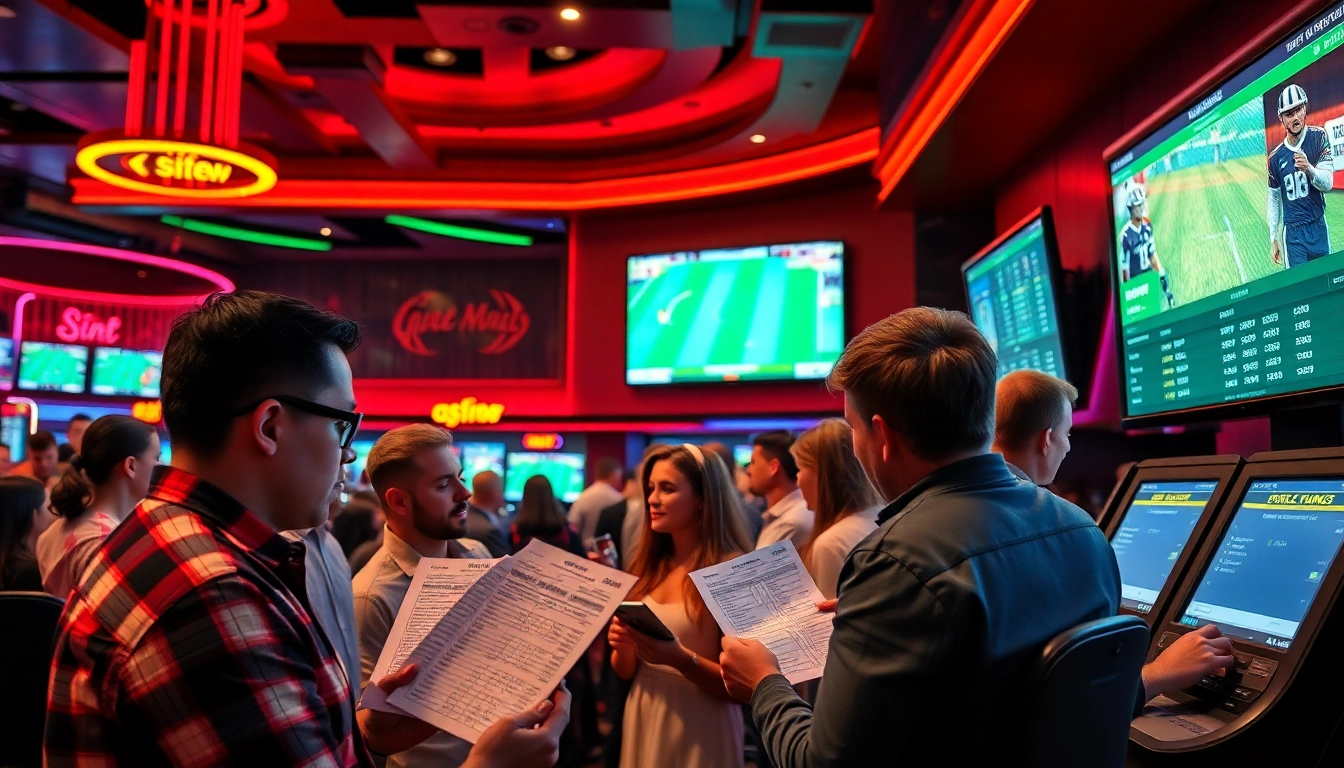 Engaged fans participating in sports betting in a vibrant casino environment with live game displays.