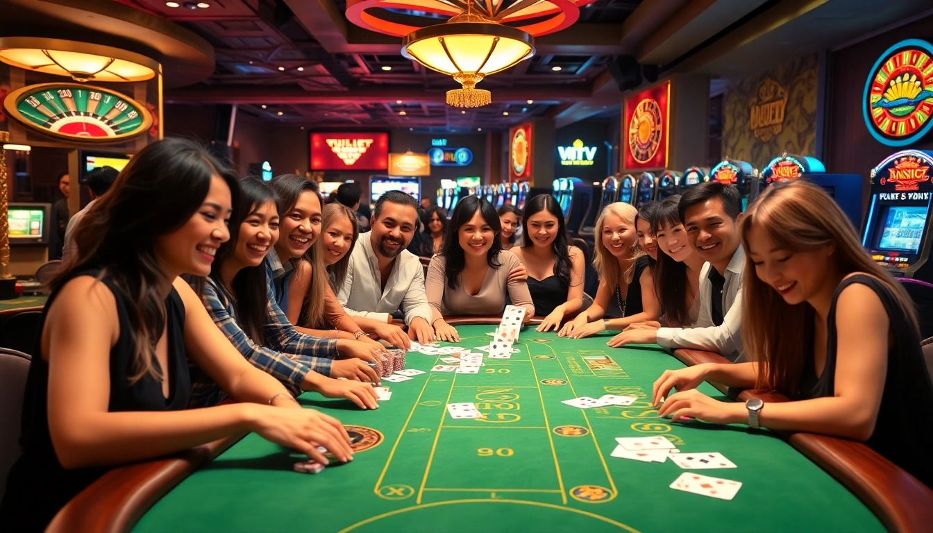 Experience the excitement of winning at jun88.com with vibrant casino tables and diverse players engaged in blackjack.