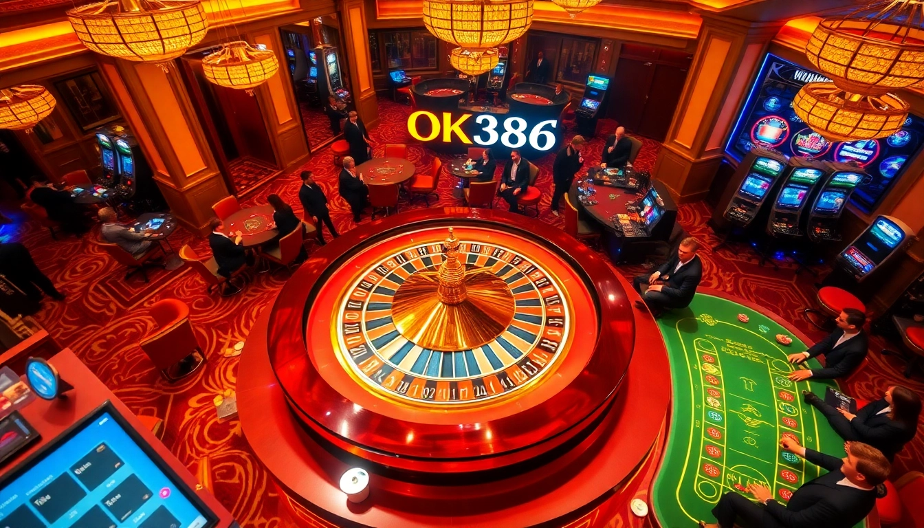 Players enjoying thrilling games at a luxurious casino with excitement around OK8386 roulette and poker.