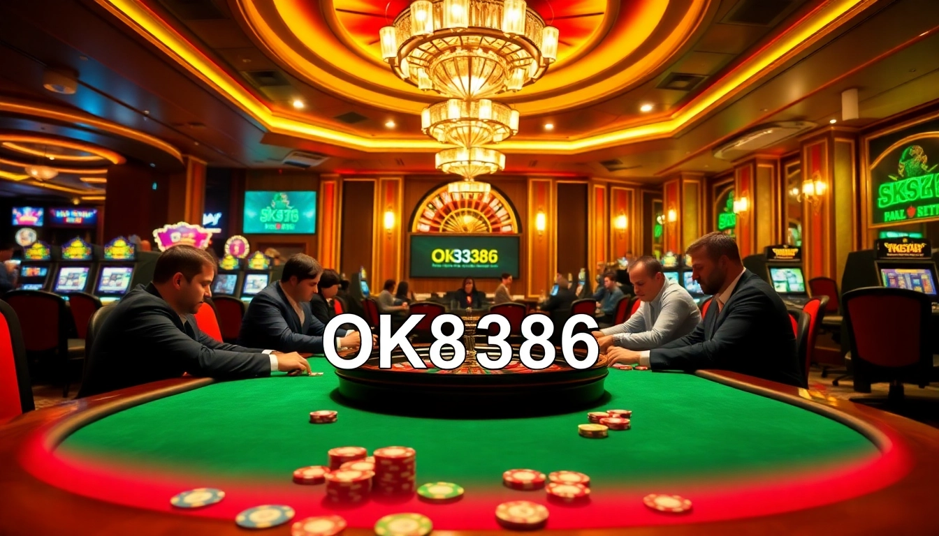 Players engaged in high-stakes poker at a luxurious casino showing OK8386 odds on a display.
