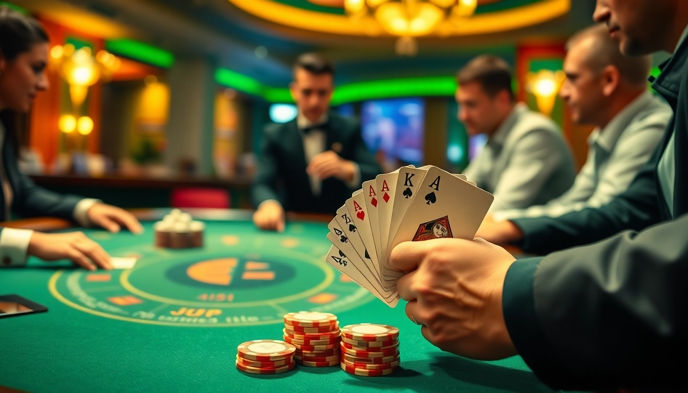 Engaged players at a Blackjack Casino table showcasing excitement and strategy while playing cards.