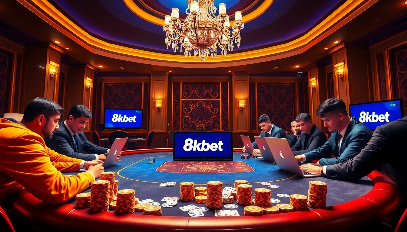 Experience excitement at 8kbet with professional players engaged at a luxe poker table amid a vibrant casino atmosphere.