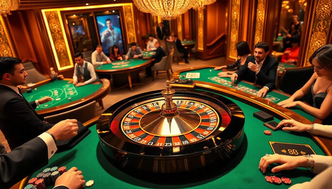 Exciting gambling experience at https://mm88.how/ with a roulette wheel and players engaged in high-stakes games.