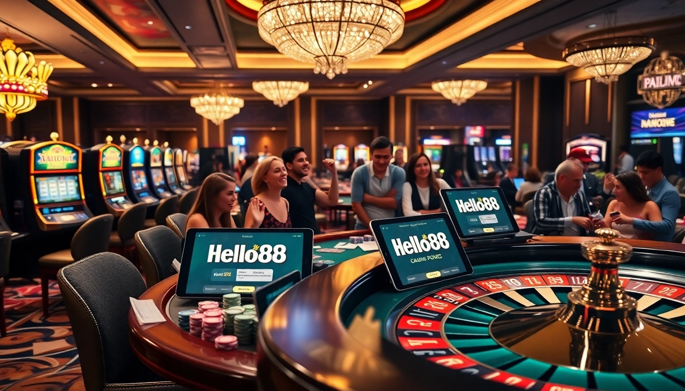 Hello88 casino action featuring poker tables and excited gamblers in a luxurious atmosphere.
