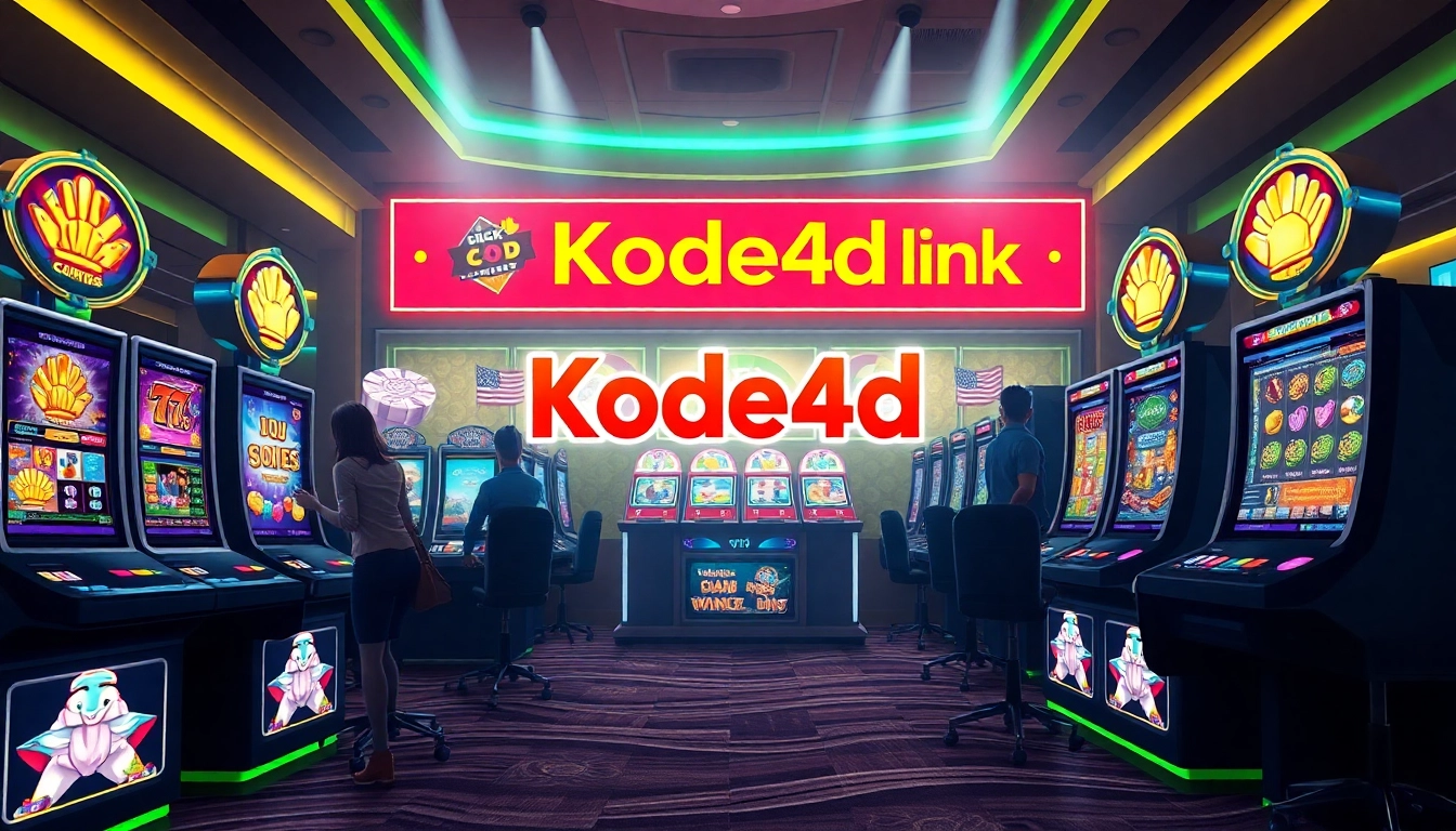 Kode4d link featured in an engaging online casino scene with vibrant slot machines and excited players.