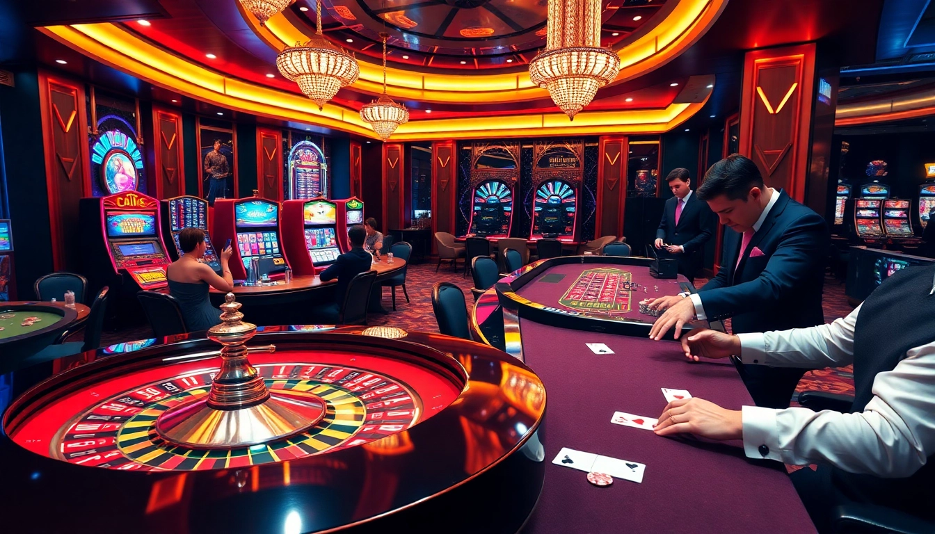 Experience the excitement of Trang Chủ BJ88 with vibrant casino gaming scenes featuring roulette and blackjack tables.