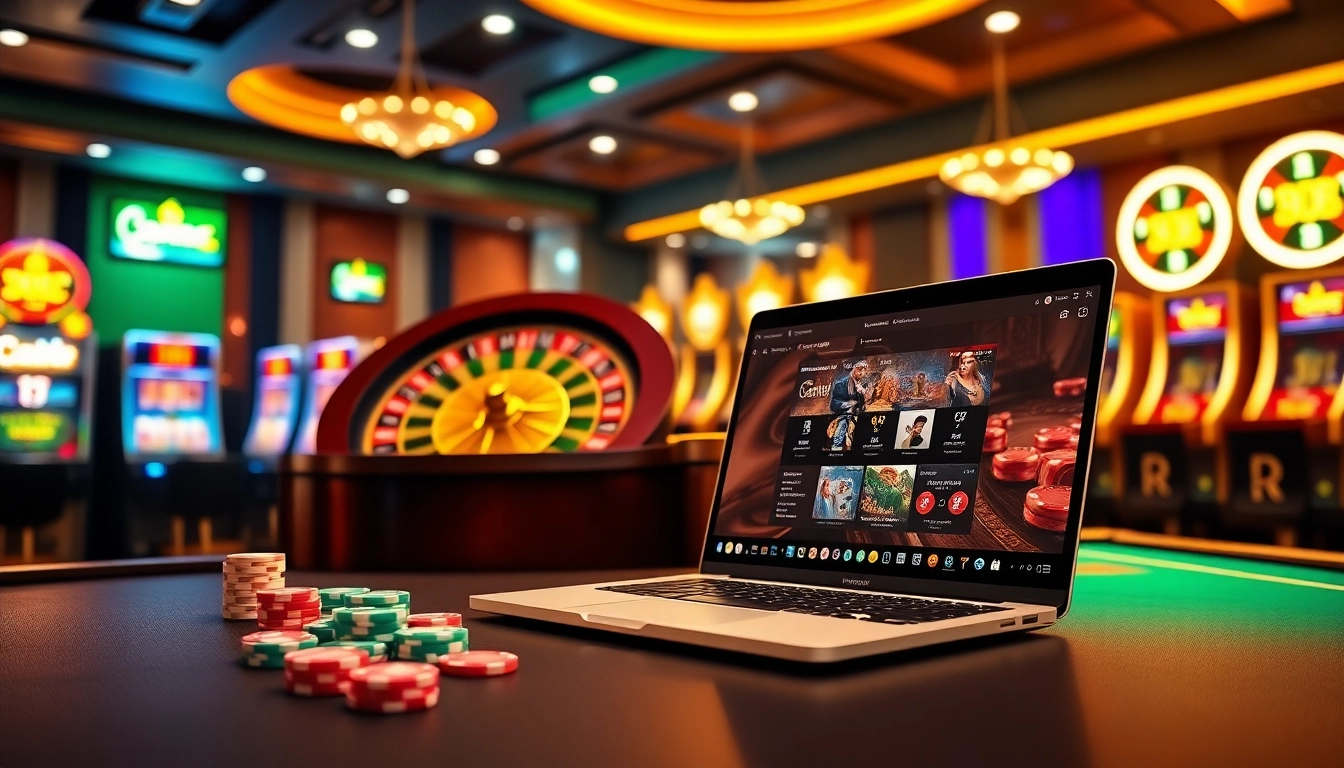 Experience thrilling games at https://mm88.vegas/ with a vibrant casino ambiance filled with roulette wheels and poker chips.