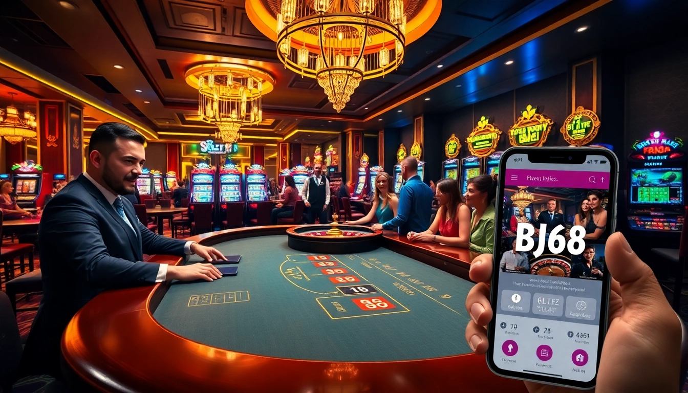 Players enjoying vibrant casino games including BJ66 blackjack, roulette, and slot machines in a luxurious setting.