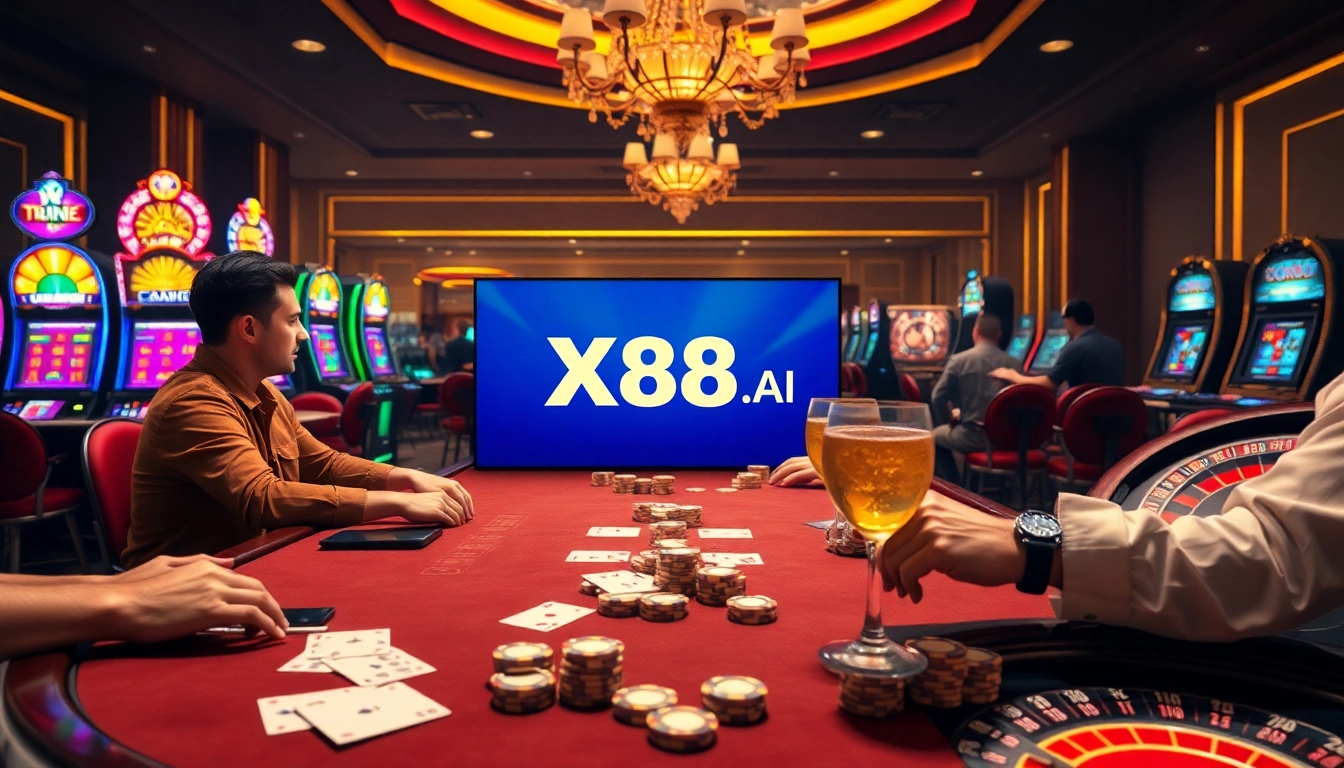 Gamblers strategizing at a luxurious XX88.AI casino table filled with cards and chips.