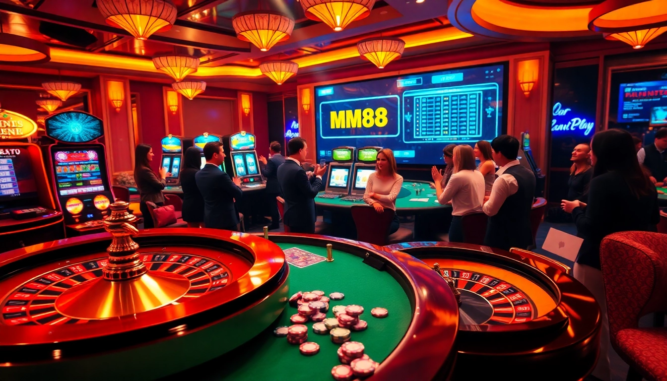 Experience thrilling gameplay at https://mm88.nl/ with lively casino scenes featuring poker chips, roulette, and card games.