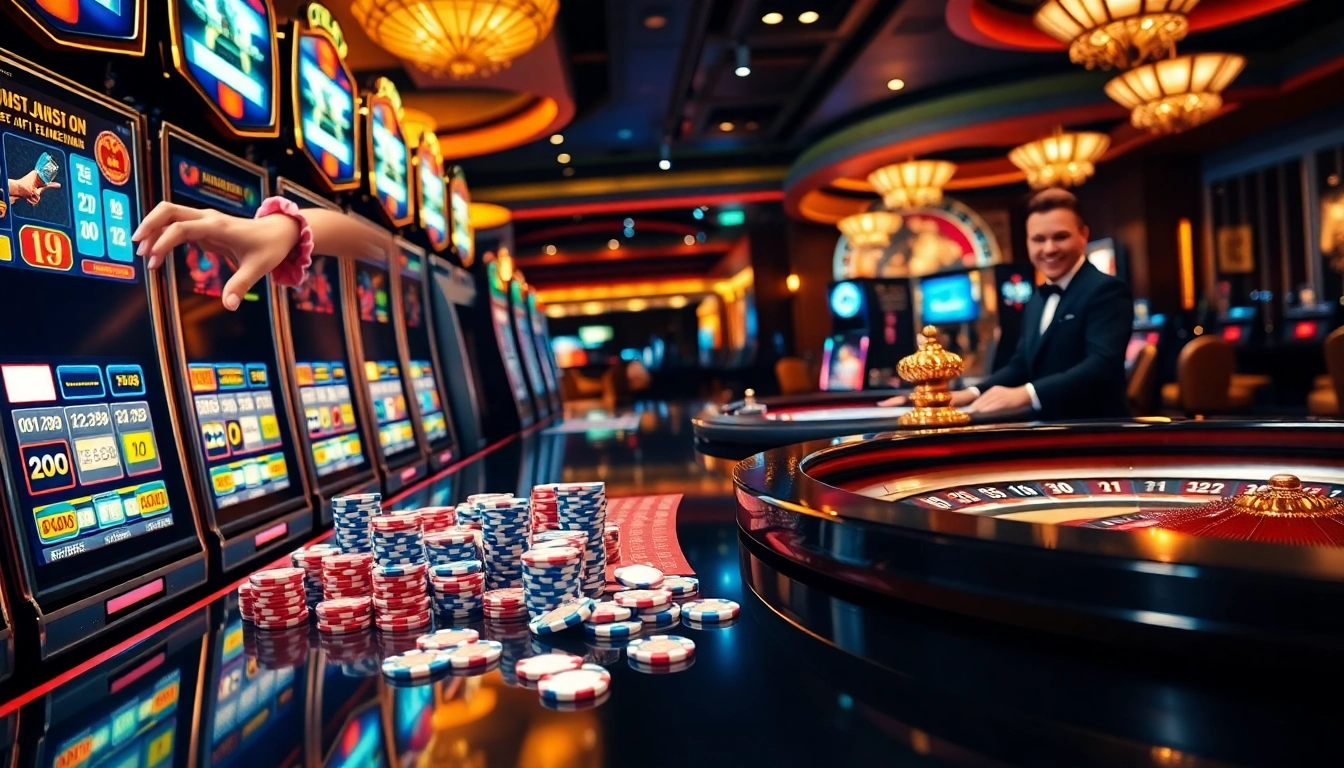 Excited player winning on a 슬롯사이트 with colorful slot machines in a luxurious casino.