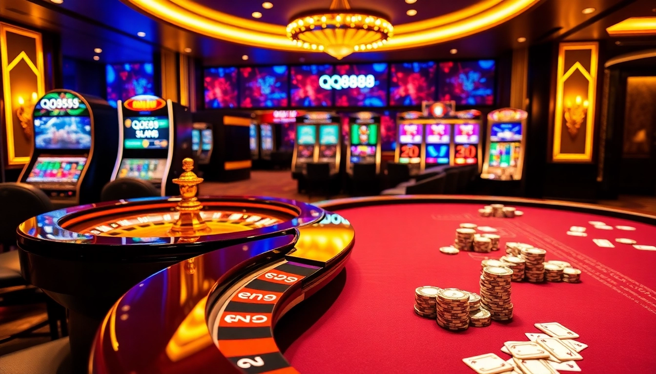 Experience thrilling gameplay at QQ888 casino tables surrounded by vibrant slot machines.
