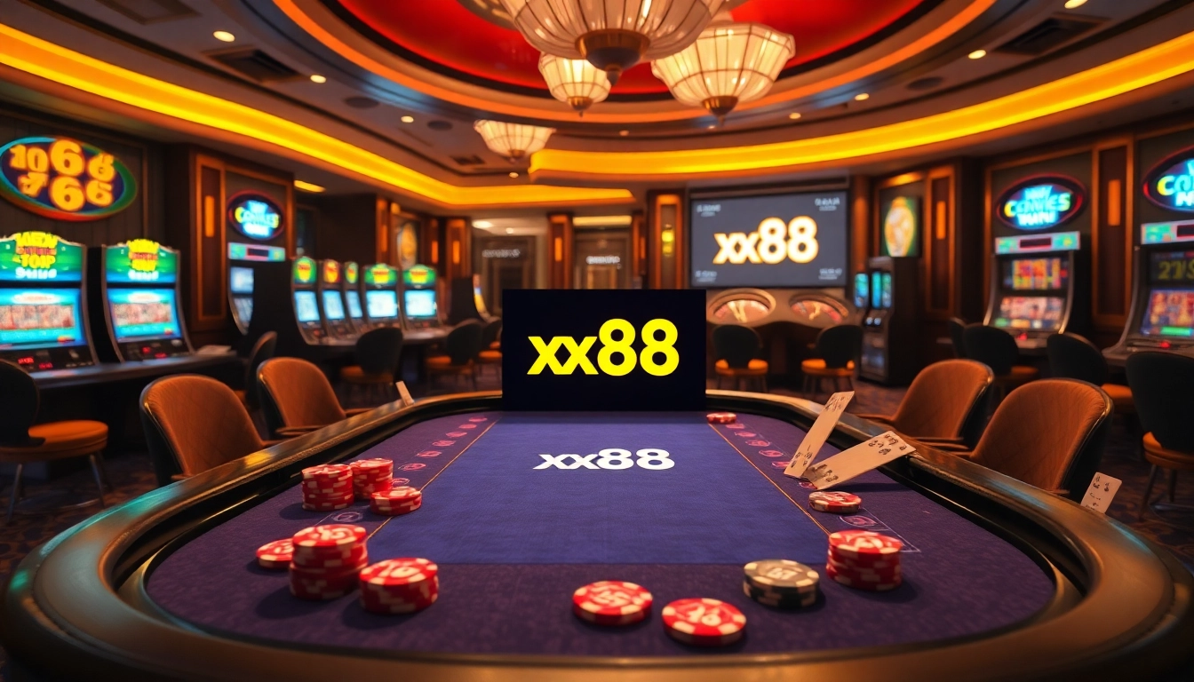 Engage in thrilling poker action at xx88 casino, showcasing vibrant chips and a luxurious table.
