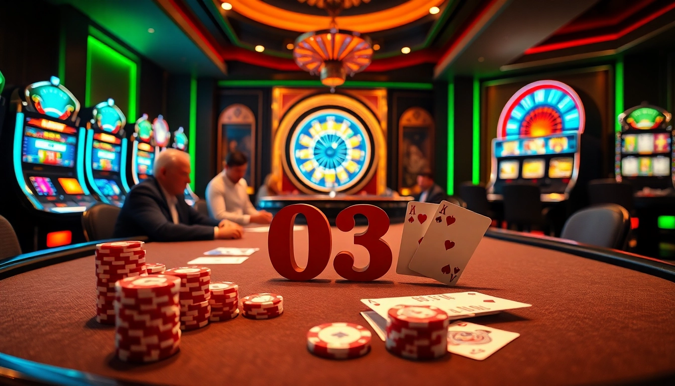 Experience luxury and excitement in the thrilling kkwin 03 casino scene with poker tables and vibrant slot machines.