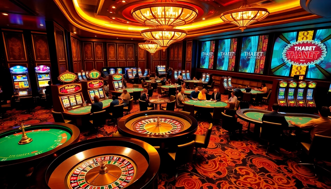 THABET casino scene featuring vibrant roulette tables and colorful slot machines.