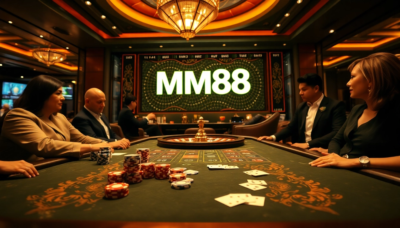 MM88 players engaging at a luxurious casino table with cards and chips.