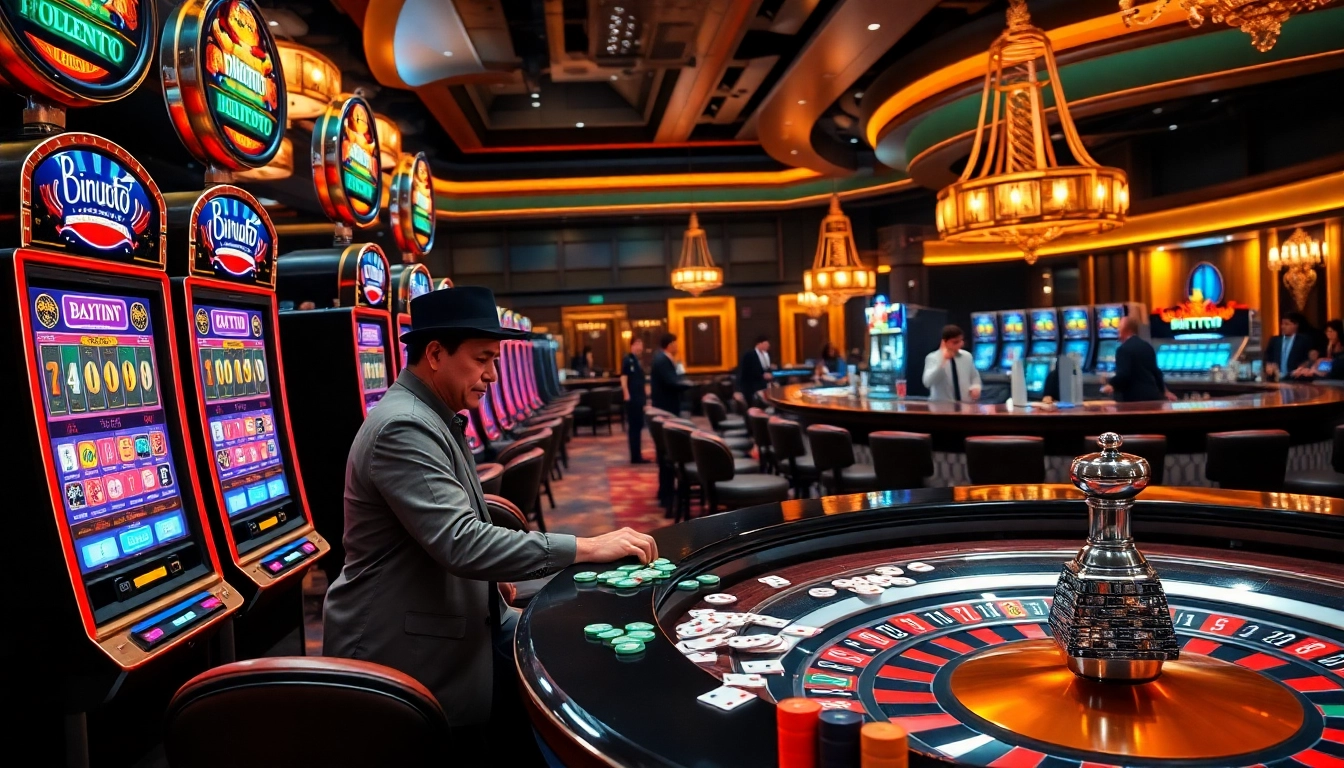 Berjudi di kasino mewah yang menampilkan mesin slot Birutoto dan chip poker berwarna-warni.