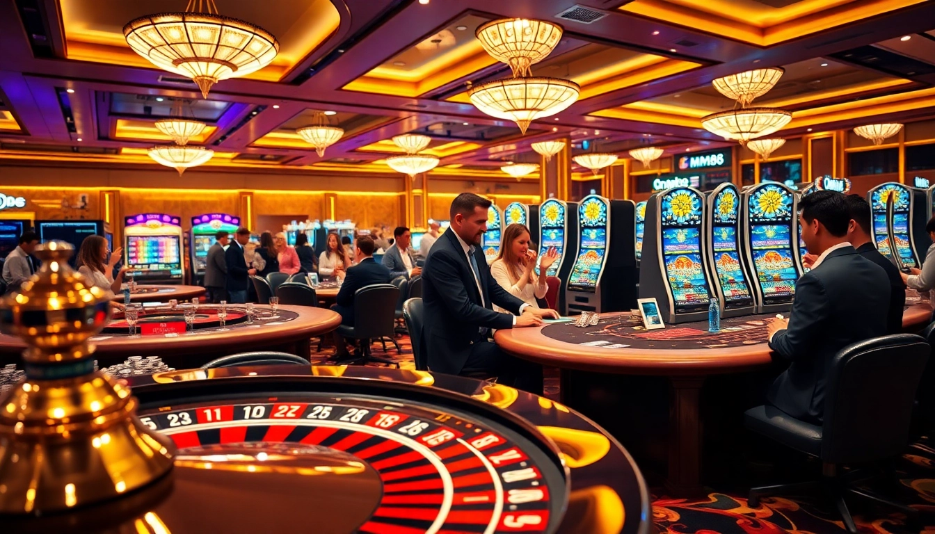 Players enjoying excitement at MM88 casino tables with colorful slot machines.