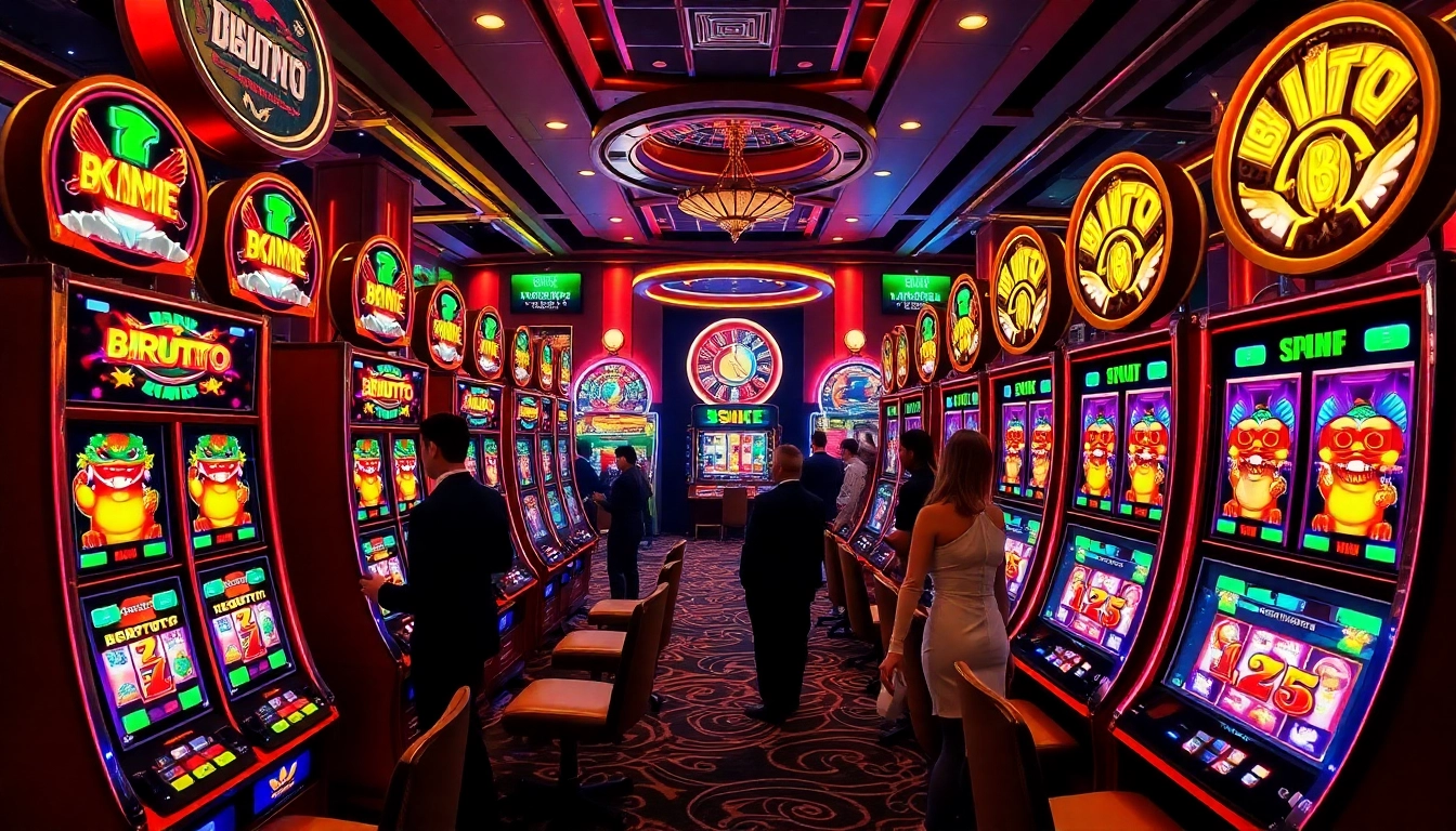 Engaging with birutoto-themed slot machines in a vibrant casino setting.