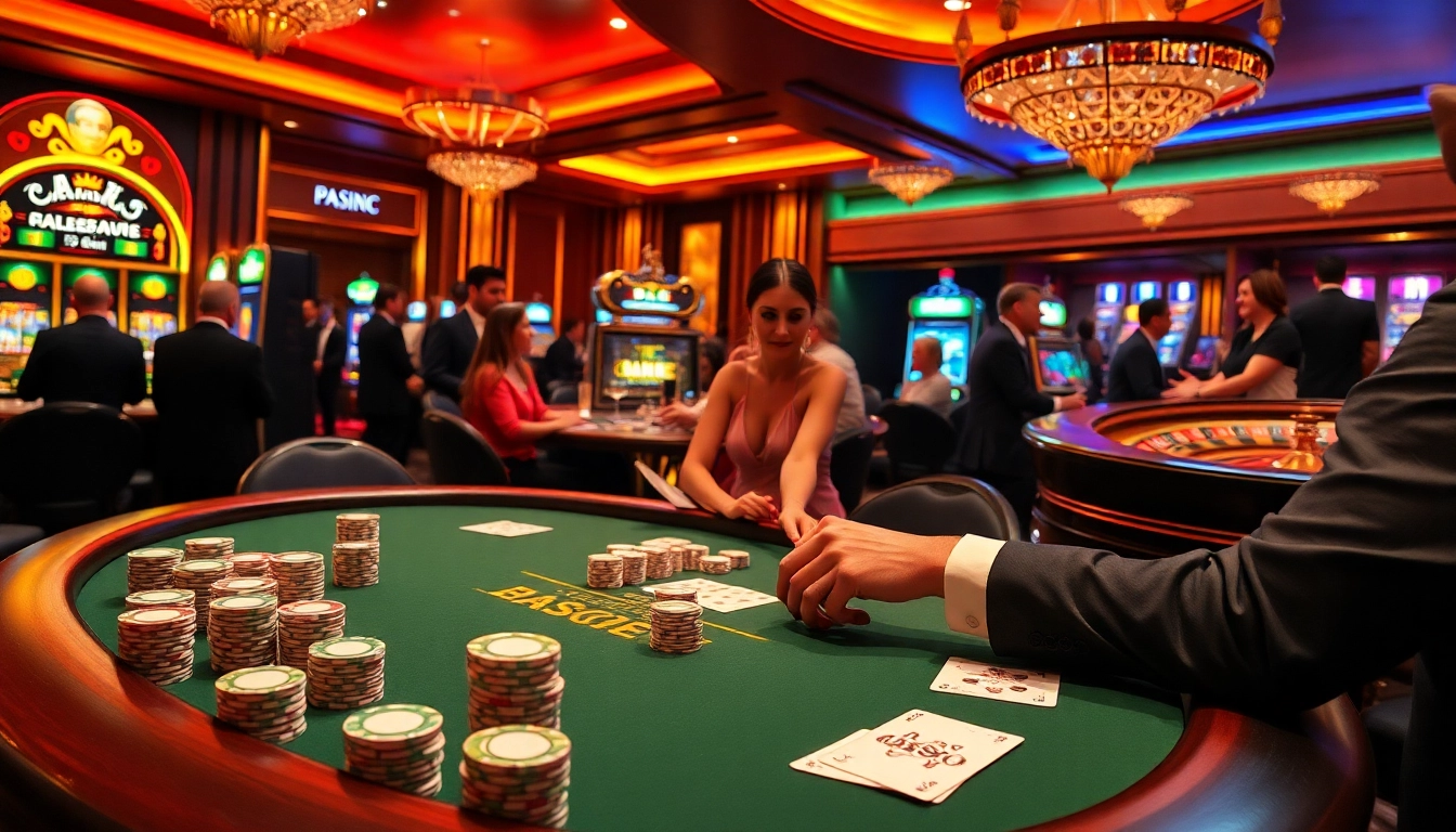 Engaging scene at RR88com casino with players at a poker table, chips, and colorful slot machines.