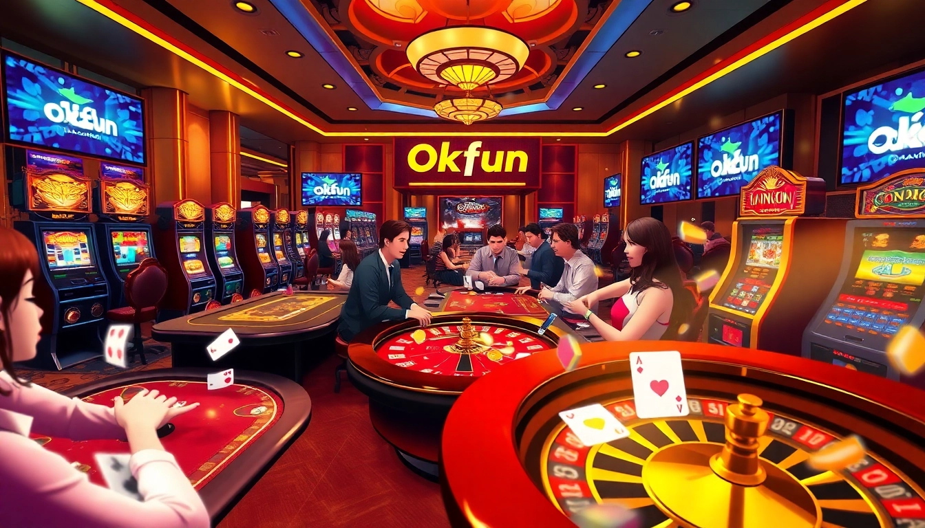 Players enjoy thrilling games at Okfun casino, with vibrant slot machines and poker tables lighting up the scene.