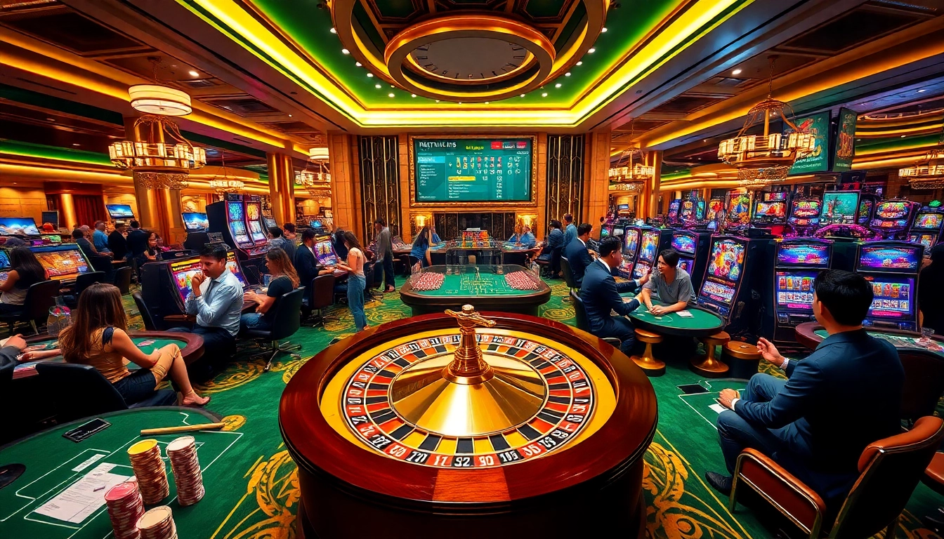 Excited gamblers at a casino engaging in games like roulette and slots, showcasing the vibrant atmosphere of http://32win11.net/ with luxury and action.