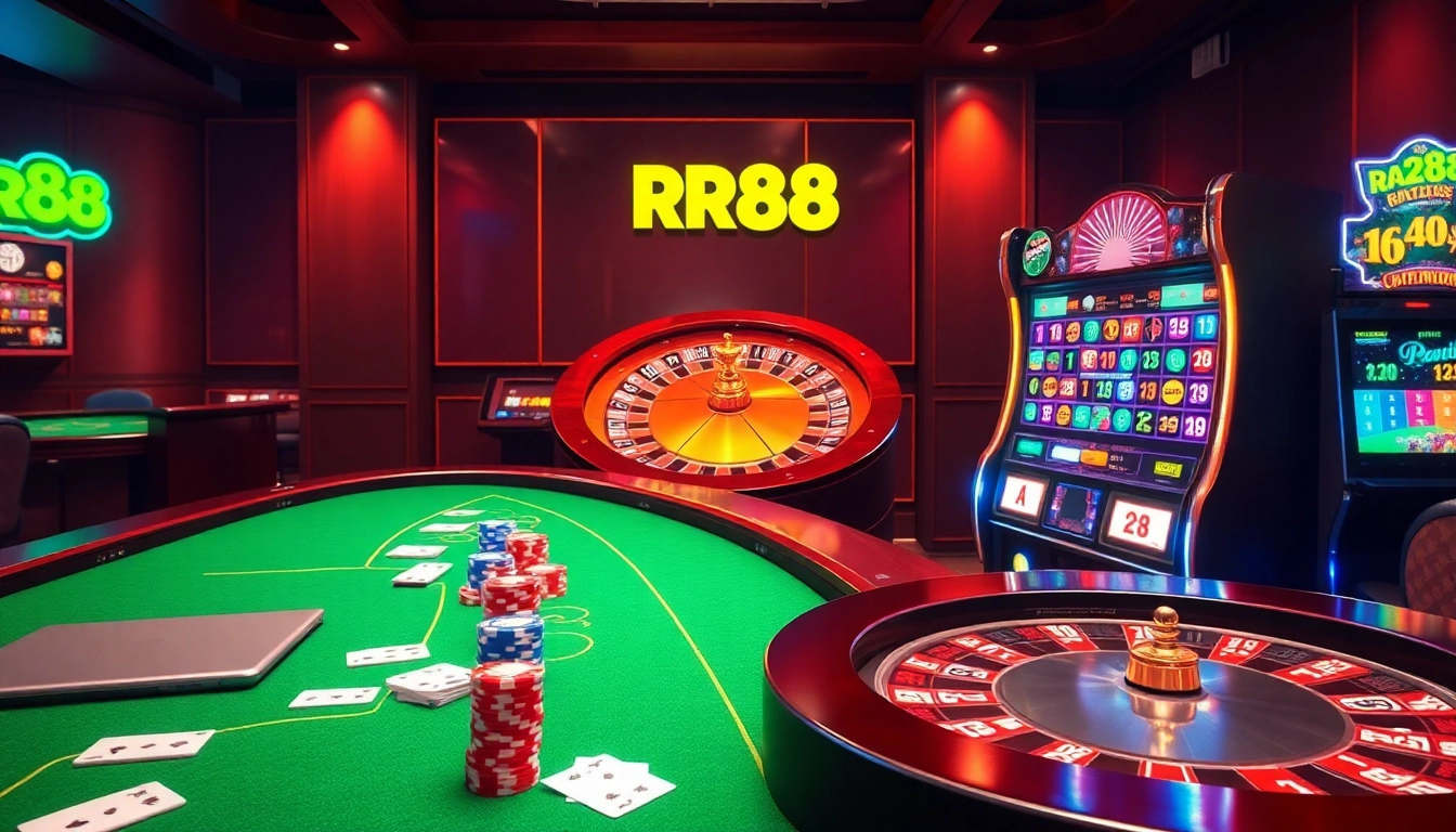 Experience the excitement at RR88 with a vibrant online casino scene featuring tables, chips, and slot machines.