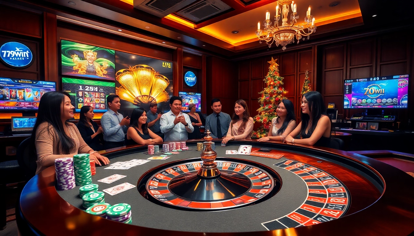 Experience the excitement of gaming at https://789wins1.net/ with a vibrant online casino interface, festive decorations, and engaged players.