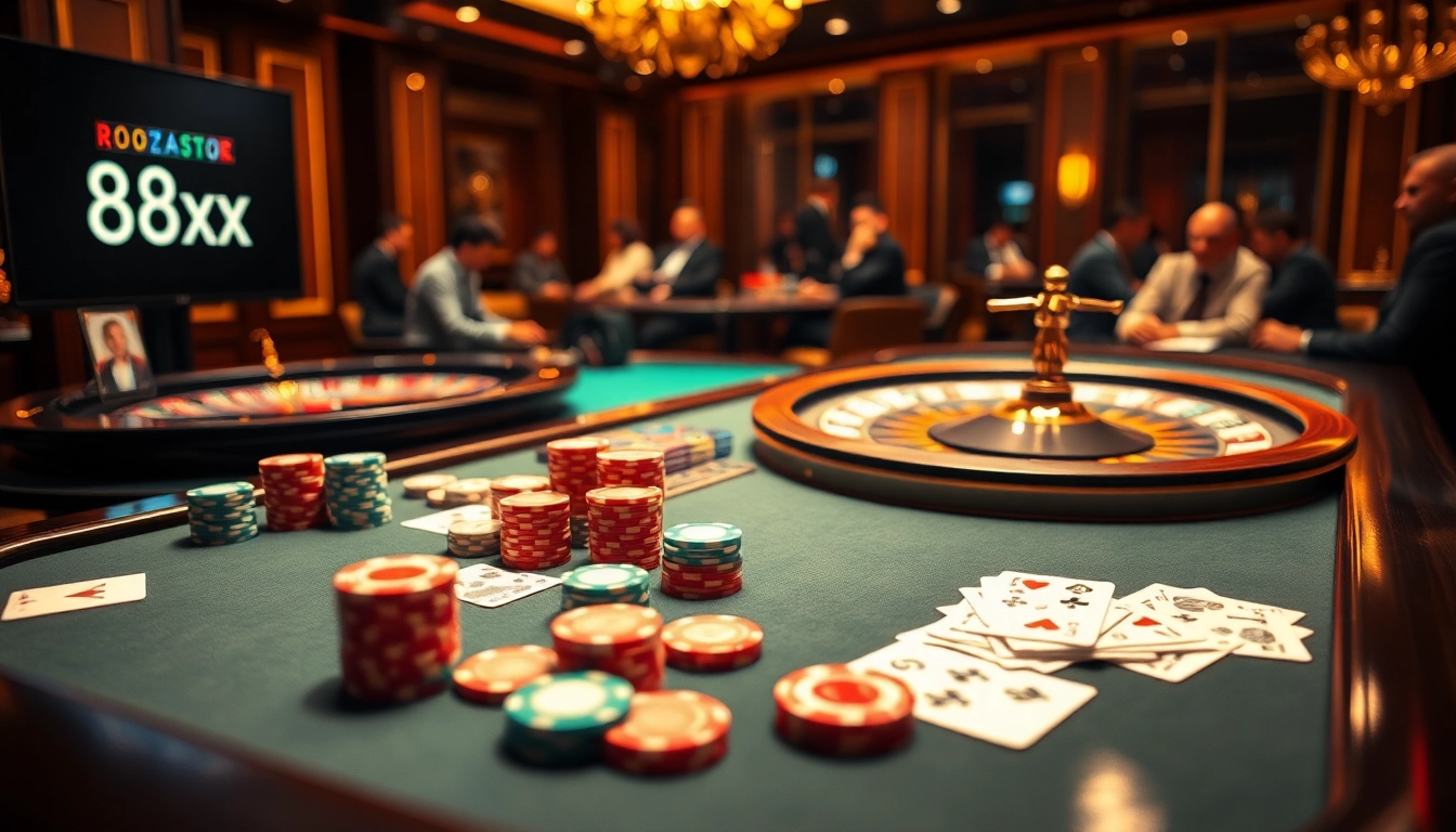 Engage in thrilling gameplay at the casino with 88xx, centering on vibrant poker chips and cards.