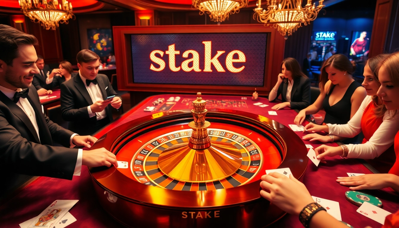 שחקנים המשתתפים במשחק מרגש על שולחן קזינו יוקרתי, כאשר Stake מוצג באופן בולט.