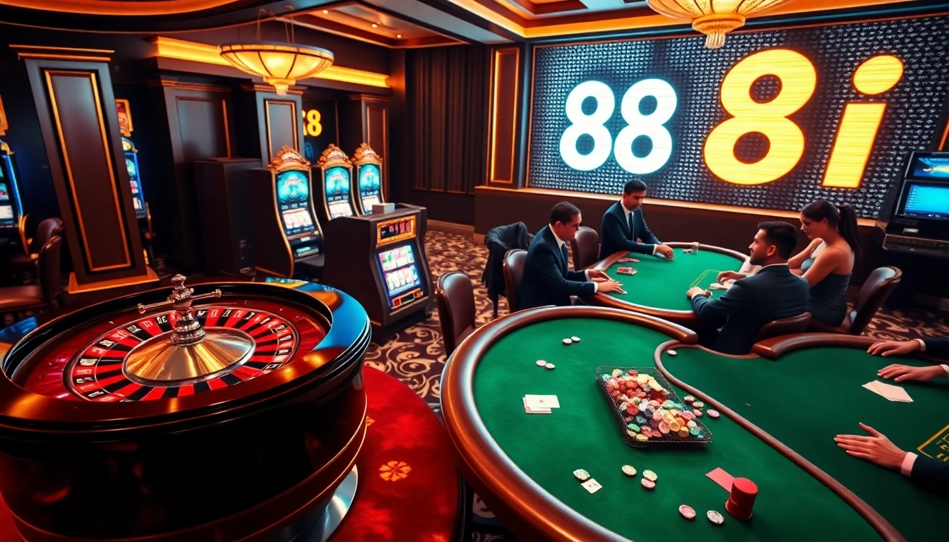 Players enjoying games at the luxurious casino 88i, featuring roulette and poker.