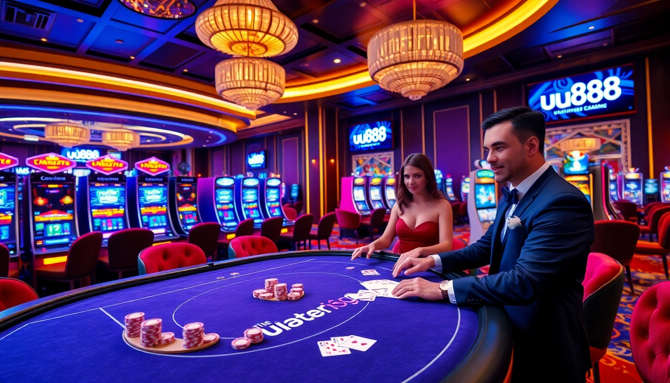 Players engaging in high-stakes action at a u888 themed casino table with vibrant slots and poker chips.