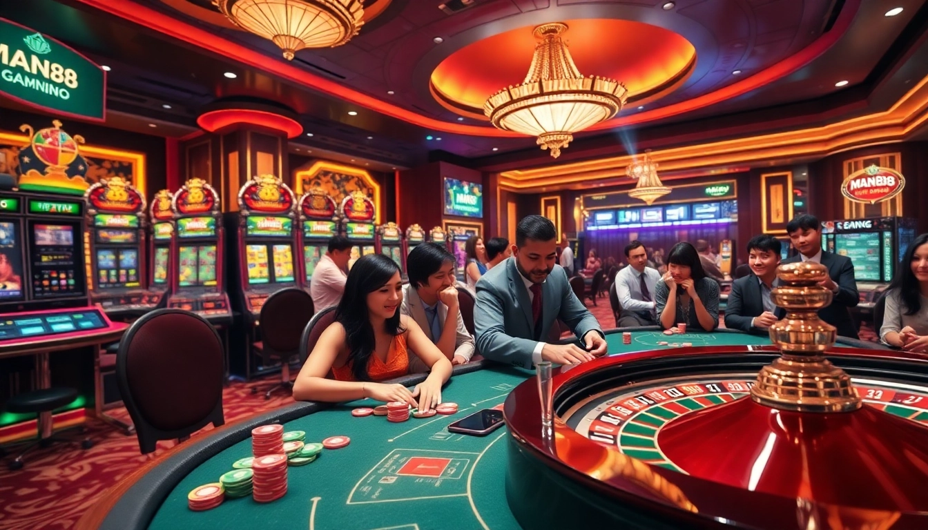 Engaging casino scene depicting players at Man88 gaming tables with vibrant roulette wheel and colorful chips.