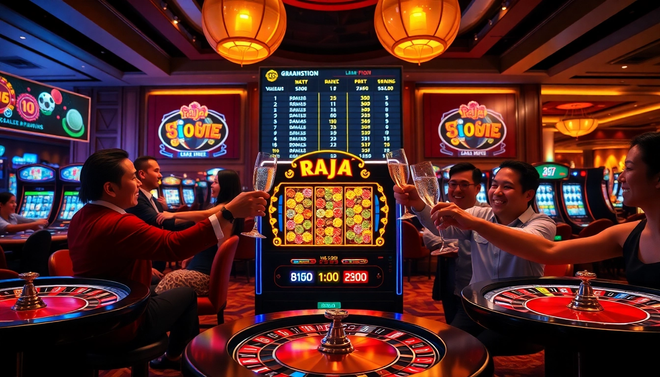 Excited players engaging with the raja 88 slot machine in a vibrant casino atmosphere.