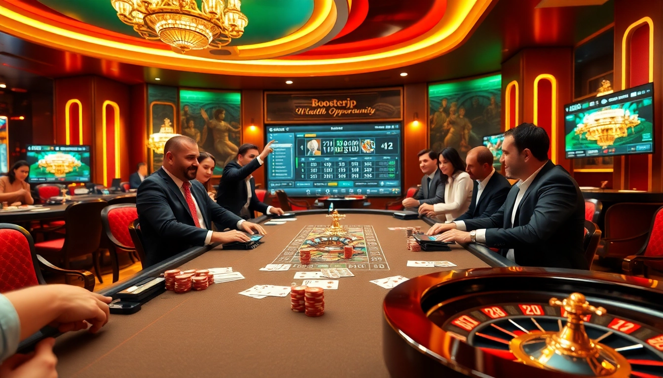 Experience the thrill of gaming at Boosterjp with a lively poker table and vibrant atmosphere.
